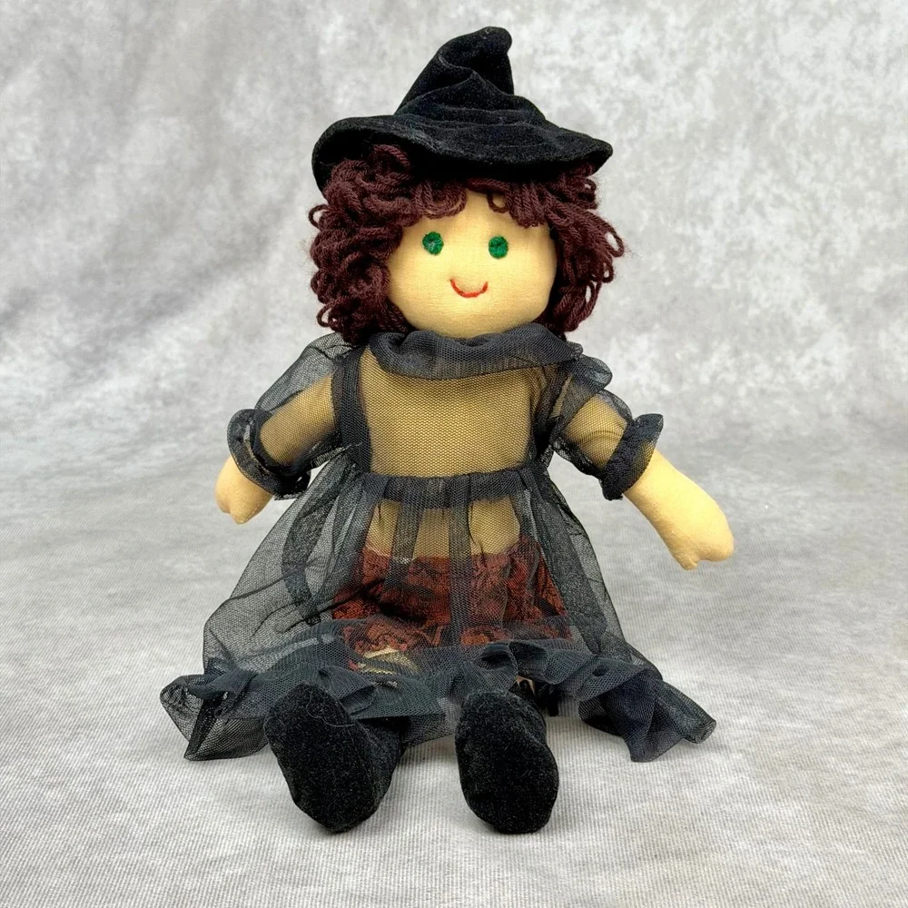 Cornelloki Halloween Witch Rag Doll Black Hat Mesh Dress Brown Yarn Hair 13 inch